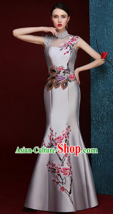 Chinese Traditional Compere Full Dress Embroidered Mangnolia Grey Cheongsam Chorus Costume for Women