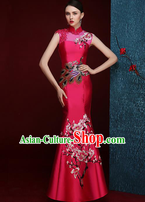 Chinese Traditional Compere Full Dress Embroidered Mangnolia Rosy Cheongsam Chorus Costume for Women