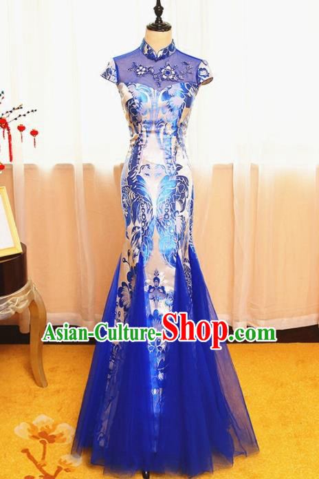 Chinese Traditional Catwalks Blue Veil Cheongsam Compere Chorus Costume for Women