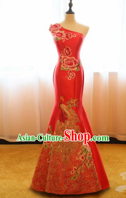 Chinese Traditional Compere Red Full Dress Cheongsam Chorus Costume for Women