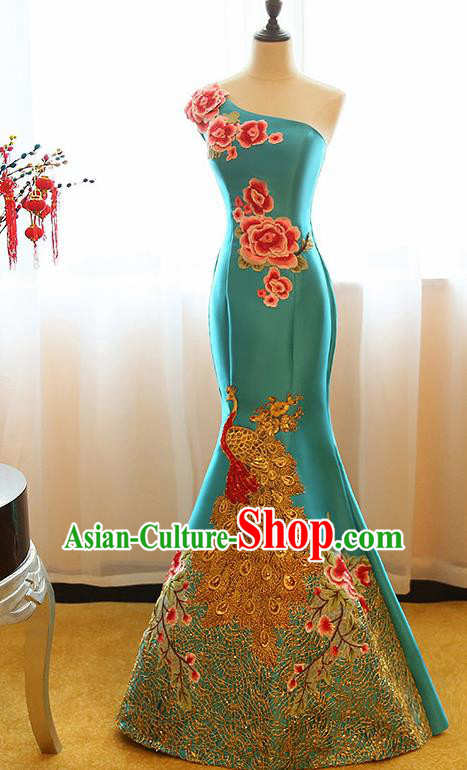 Chinese Traditional Compere Blue Full Dress Cheongsam Chorus Costume for Women