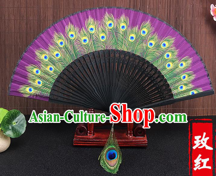 Chinese Traditional Craft Printing Peacock Feather Rosy Folding Fans