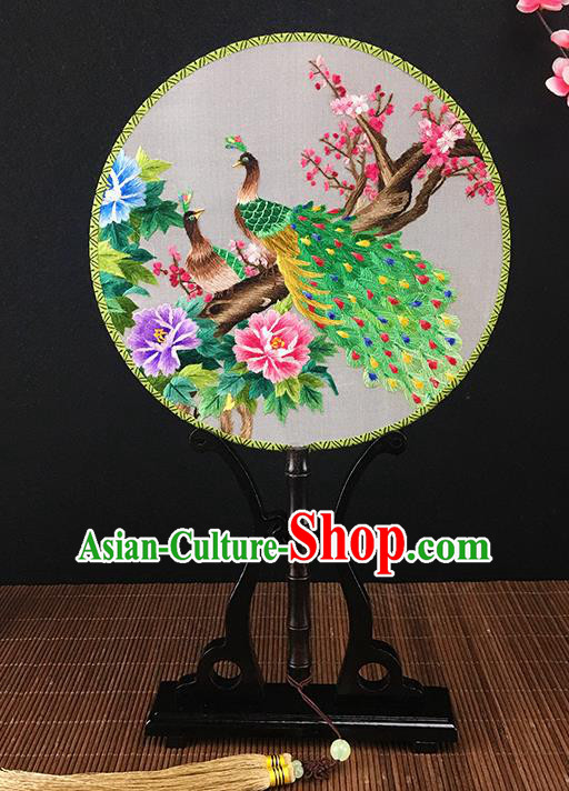 Chinese Traditional Craft Embroidered Peacock Wintersweet Palace Fans Round Fan for Women