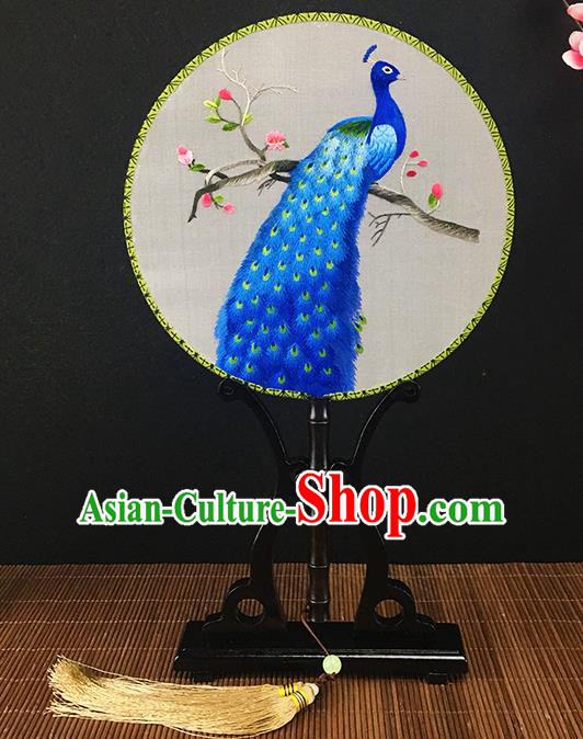 Chinese Traditional Craft Embroidered Blue Peacock Palace Fans Round Fan for Women