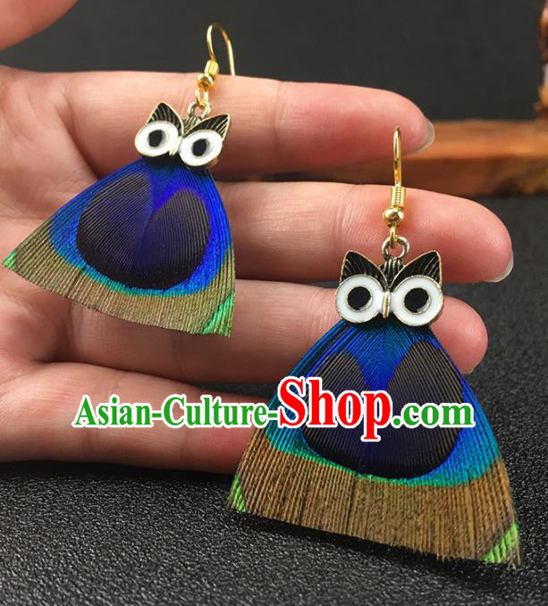 Chinese National Earrings Peacock Feather Owl Earrings for Women