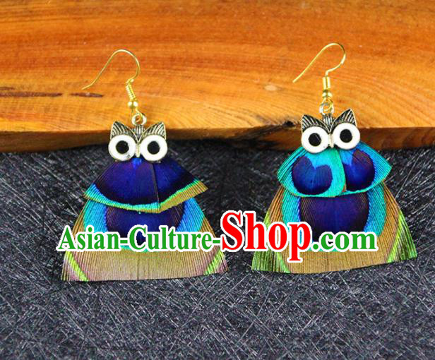 Chinese National Earrings Traditional Feather Owl Earrings for Women