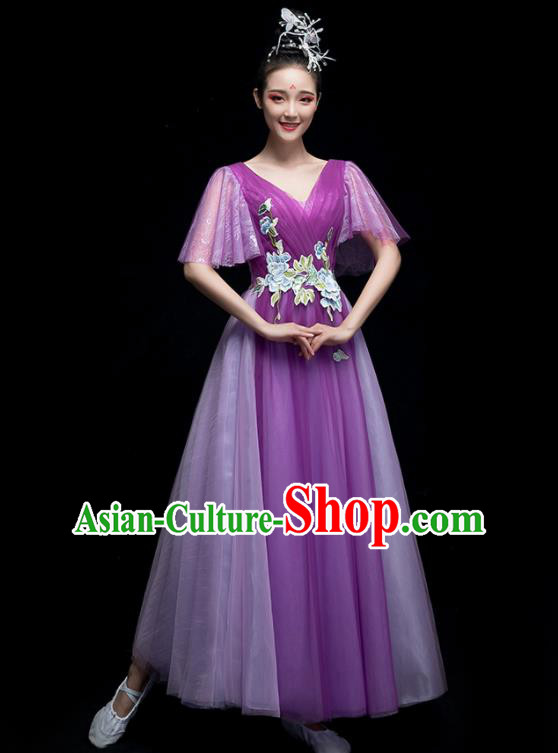 Chinese Traditional Chorus Costumes Modern Dance Purple Dress for Women