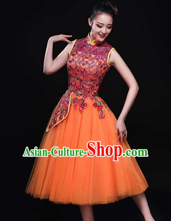 Chinese Traditional Classical Dance Orange Dress Umbrella Dance Costume for Women