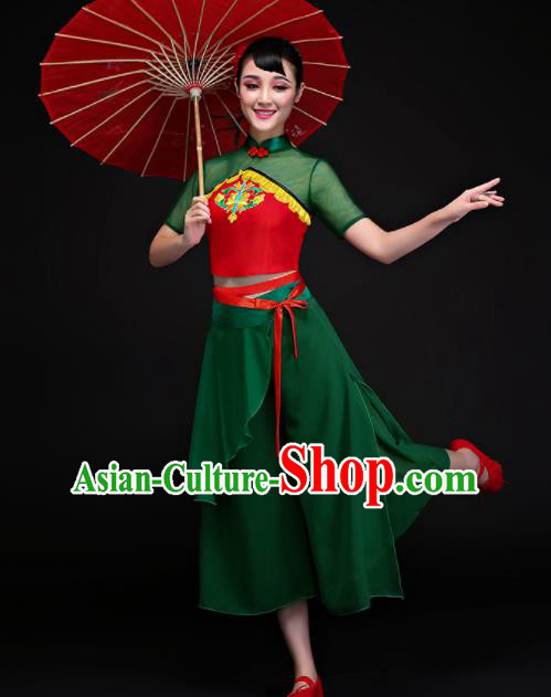 Chinese Traditional Fan Dance Yangko Green Clothing Classical Dance Costume for Women