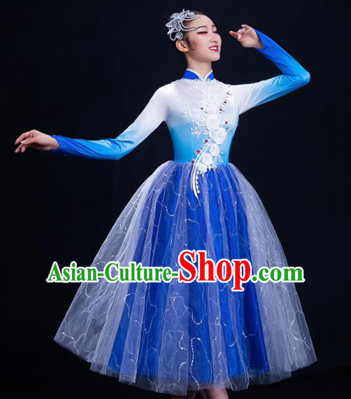 Chinese Traditional Umbrella Dance Blue Dress Classical Dance Costume for Women