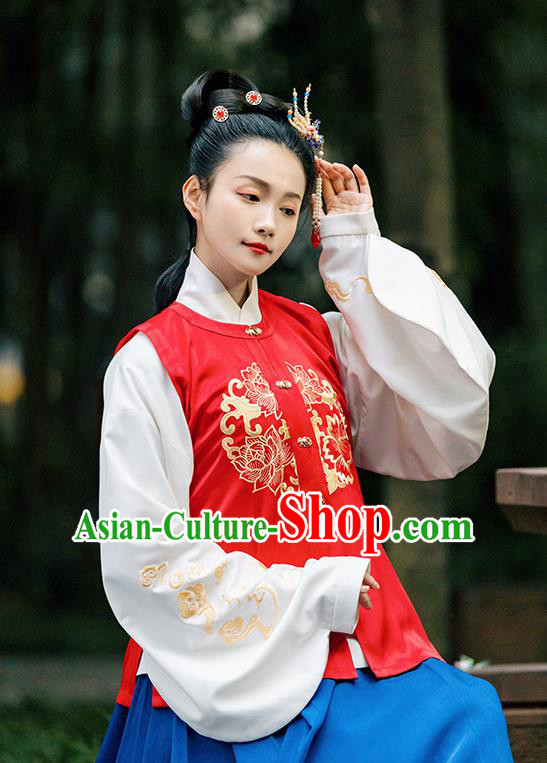 Traditional Chinese Ming Dynasty Costume Embroidered Red Vest for Rich Women