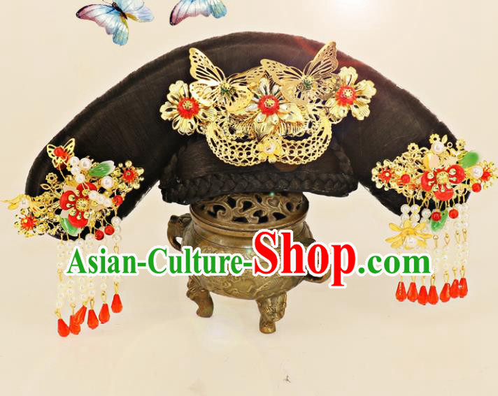 Chinese Traditional Drama Hair Accessories Ancient Qing Dynasty Princess Wig and Hairpins Headwear for Women