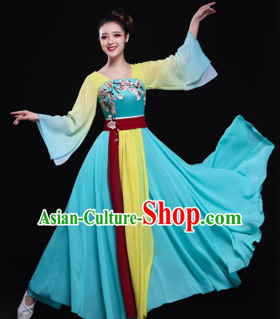 Chinese Traditional Classical Fan Dance Blue Dress Umbrella Dance Costume for Women