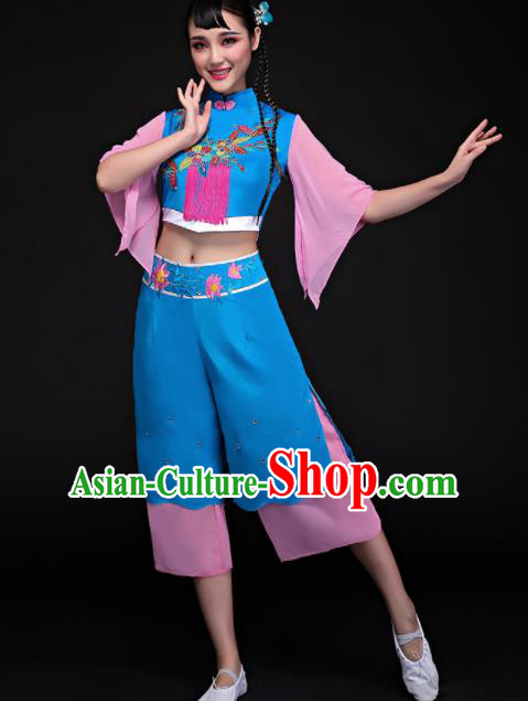 Chinese Traditional Folk Dance Yangko Blue Clothing Classical Umbrella Dance Costume for Women