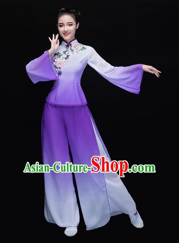 Chinese Traditional Folk Dance Yangko Purple Clothing Classical Fan Dance Costume for Women