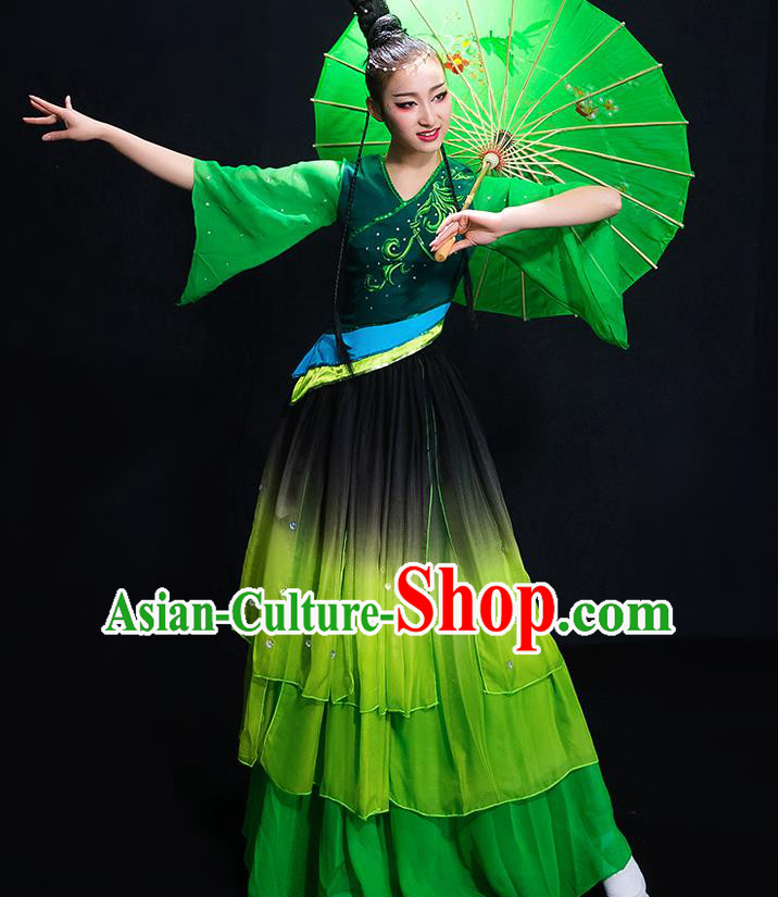 Chinese Traditional Classical Fan Dance Green Dress Umbrella Dance Costume for Women