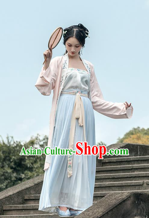 Chinese Traditional Song Dynasty Young Lady Costume Ancient Embroidered Pink Hanfu Dress for Rich Women