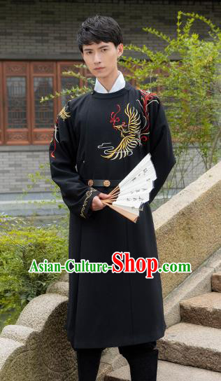 Chinese Traditional Ming Dynasty Swordsman Costume Ancient Embroidered Black Robe for Men