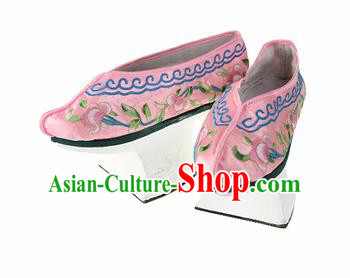 Asian Chinese Ancient Qing Dynasty Palace Saucers Shoes Traditional Pink Embroidered Shoes for Women