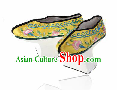 Asian Chinese Ancient Qing Dynasty Palace Saucers Shoes Traditional Yellow Embroidered Shoes for Women