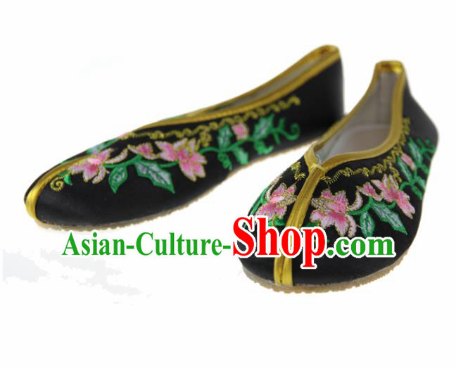 Asian Chinese Ancient Black Satin Hanfu Shoes Traditional Embroidered Shoes for Kids