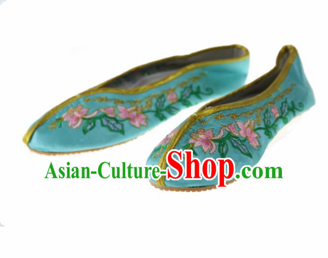 Asian Chinese Ancient Green Satin Hanfu Shoes Traditional Embroidered Shoes for Kids