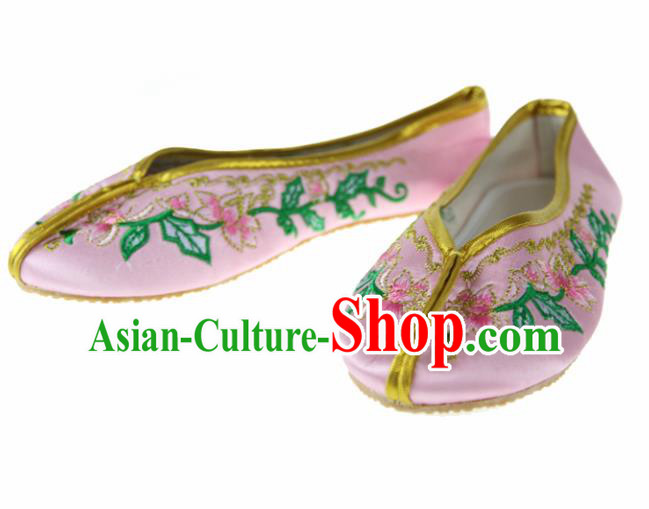 Asian Chinese Ancient Pink Satin Hanfu Shoes Traditional Embroidered Shoes for Kids