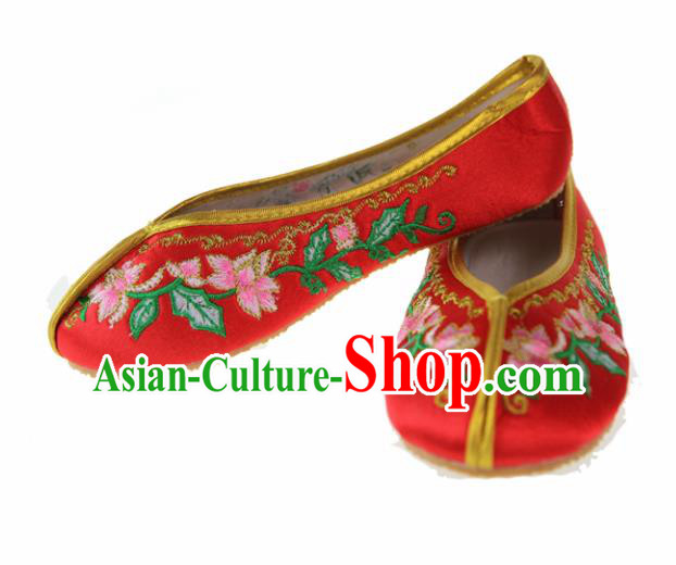 Asian Chinese Ancient Red Satin Hanfu Shoes Traditional Embroidered Shoes for Kids