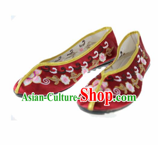Asian Chinese Traditional Wine Red Blood Stained Shoes Ancient Embroidered Shoes for Women