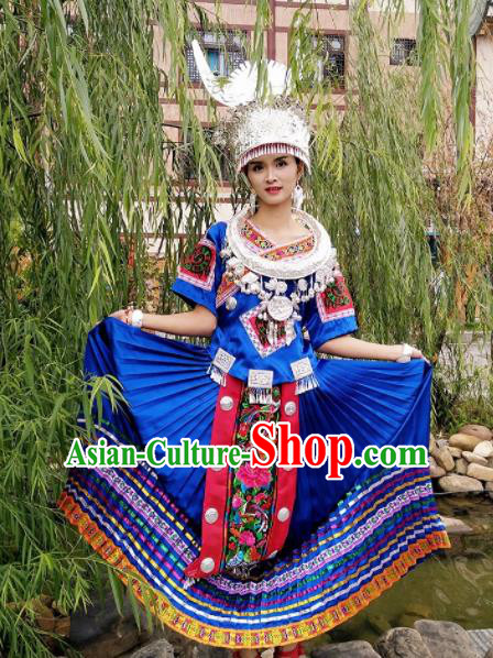 Chinese Traditional Miao Nationality Costume Hmong Bride Embroidered Blue Dress and Headpiece for Women