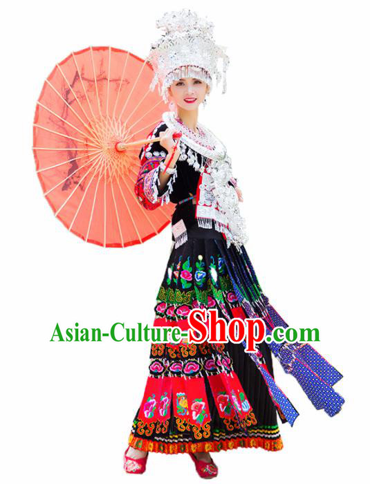 Chinese Traditional Miao Nationality Embroidered Costumes Hmong Dress and Headpiece for Women