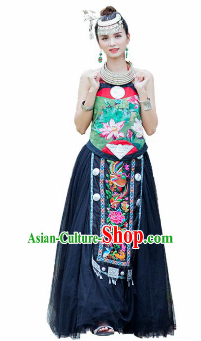 Chinese Traditional Zhuang Nationality Embroidered Lotus Costumes Hmong Dress and Headpiece for Women