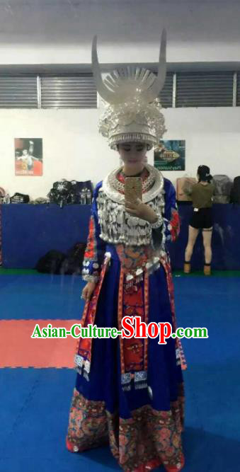 Chinese Traditional Miao Minority Dance Embroidered Blue Costumes and Headwear for Women