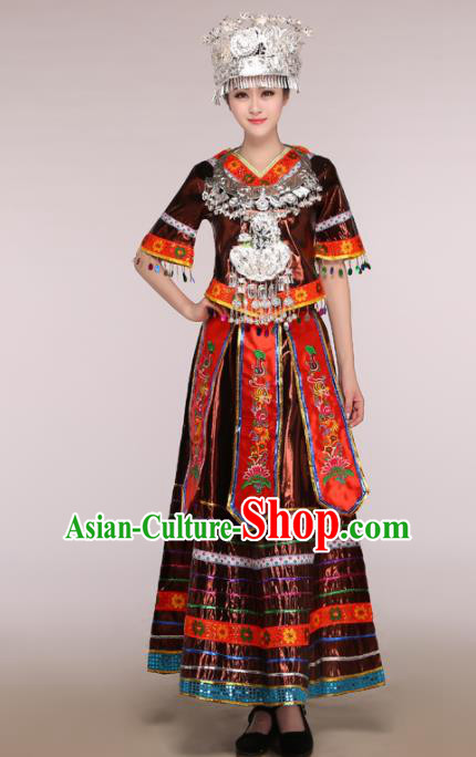 Traditional Chinese Miao Minority Dance Embroidered Brown Costumes and Headwear for Women