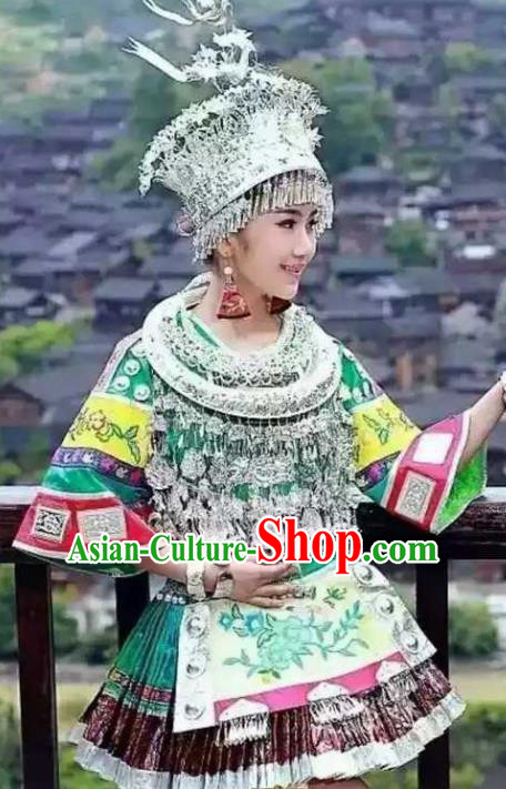 Traditional Chinese Miao Minority Embroidered Costumes Short Green Dress and Headwear for Women