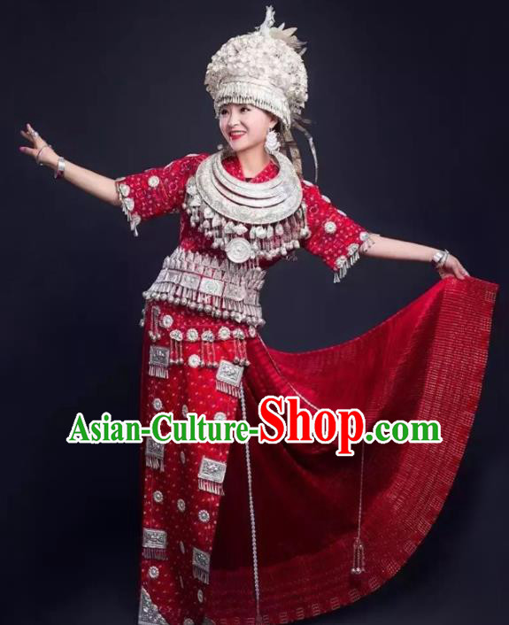 Traditional Chinese Miao Minority Wedding Costumes Embroidered Red Dress and Headwear for Women