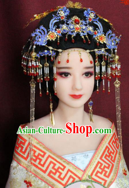 Chinese Ancient Queen Hair Accessories Imperial Consort Blueing Phoenix Coronet Hairpins for Women