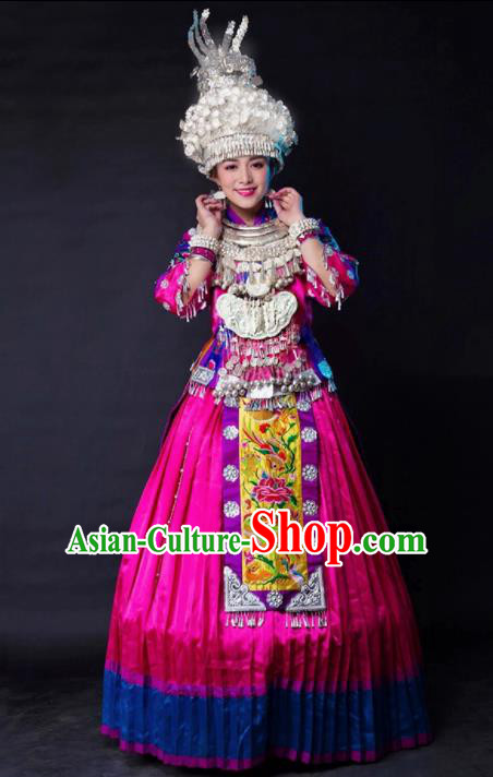 Traditional Chinese Miao Minority Embroidered Rosy Wedding Costumes and Headpiece for Women