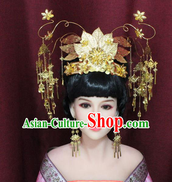 Chinese Ancient Palace Hair Accessories Handmade Tang Dynasty Princess Golden Phoenix Coronet Hairpins for Women