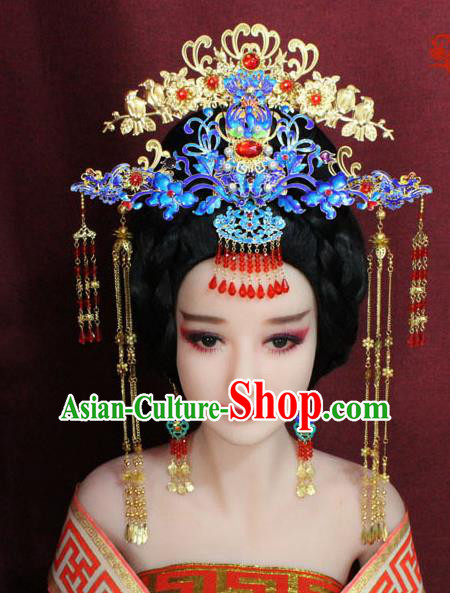 Chinese Ancient Queen Blueing Hair Accessories Tang Dynasty Empress Phoenix Coronet Hairpins for Women