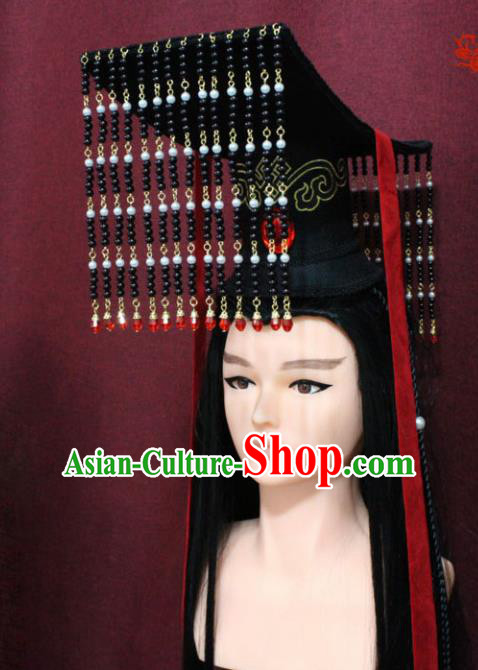 Chinese Traditional Swordsman Hair Accessories Ancient Qin Dynasty Emperor Tassel Hat for Men