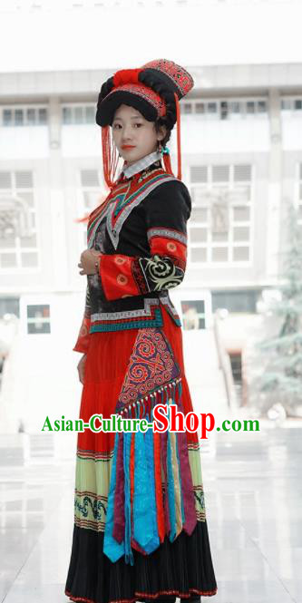 Chinese Traditional Yi Nationality Dance Costumes and Hat Complete Set for Women