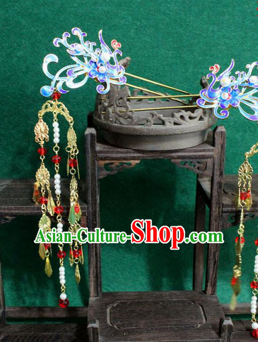 Chinese Ancient Empress Handmade Hair Accessories Blueing Phoenix Hairpins for Women