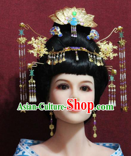 Chinese Traditional Handmade Hair Accessories Ancient Queen Lotus Coronet Hairpins for Women