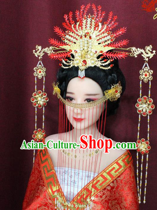 Chinese Ancient Ming Dynasty Empress Hair Accessories Red Phoenix Coronet Hairpins for Women
