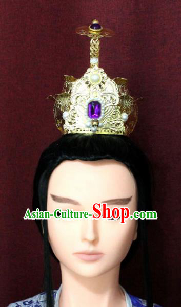 Chinese Traditional Tang Dynasty Swordsman Purple Crystal Hairdo Crown Ancient Prince Hair Accessories for Men