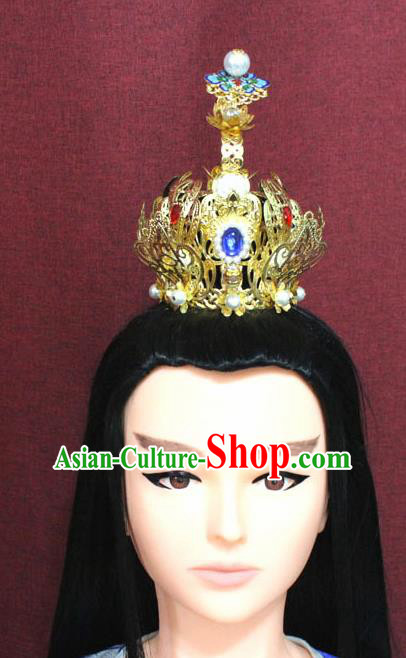 Chinese Traditional Tang Dynasty Swordsman Cloisonne Lotus Hairdo Crown Ancient Prince Hair Accessories for Men