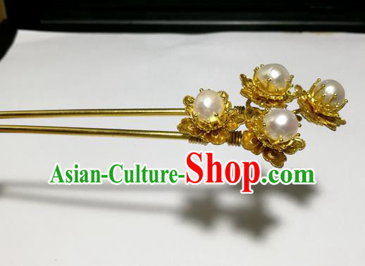 Chinese Handmade Hair Accessories Golden Peony Pearls Hairpins Ancient Hanfu Hair Clip for Women