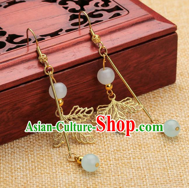 Asian Chinese Traditional Jewelry Accessories Hanfu Golden Leaf Earrings for Women