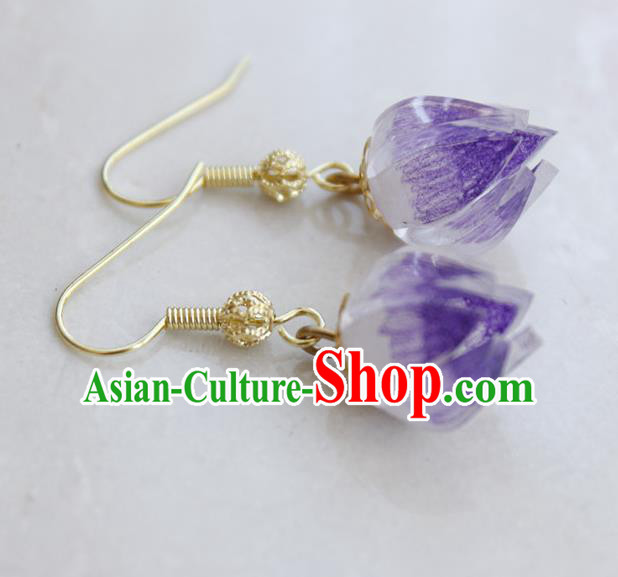 Asian Chinese Traditional Jewelry Accessories Hanfu Traditional Purple Flower Bud Earrings for Women